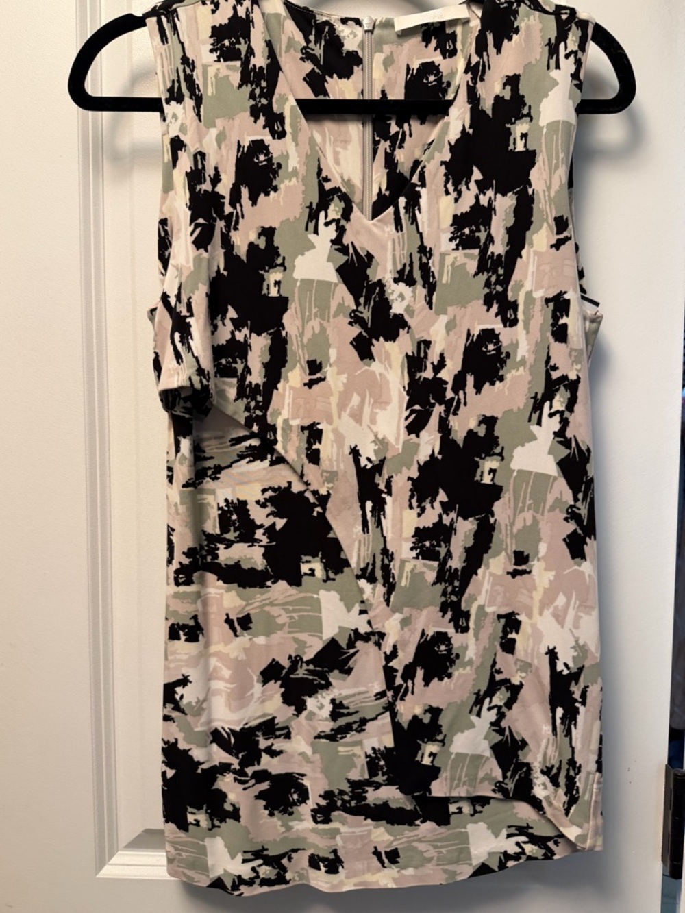 Hugo Boss Abstract Sleeveless Asymmetric Drape Blouse - Sage Black Ivory Tan